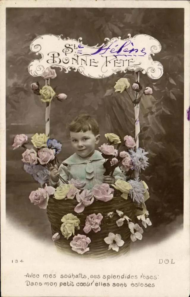 Kind in einem Rosenkorb — Karte der Glückwünsche — DOL n°134 - Vorderseite