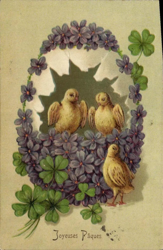 Pintos em um quadro floral — Feliz Páscoa — Carta postal multilingue - Frente