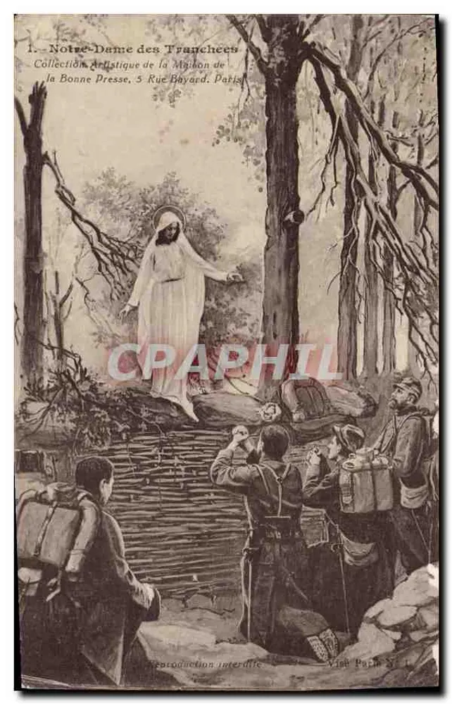 Notre-Dame des Tranchées — scène religieuse dans un bois de tranchée — Collection Artistique de la Maison de la Bonne Presse, 5 Rue Bayard, Paris - Frente