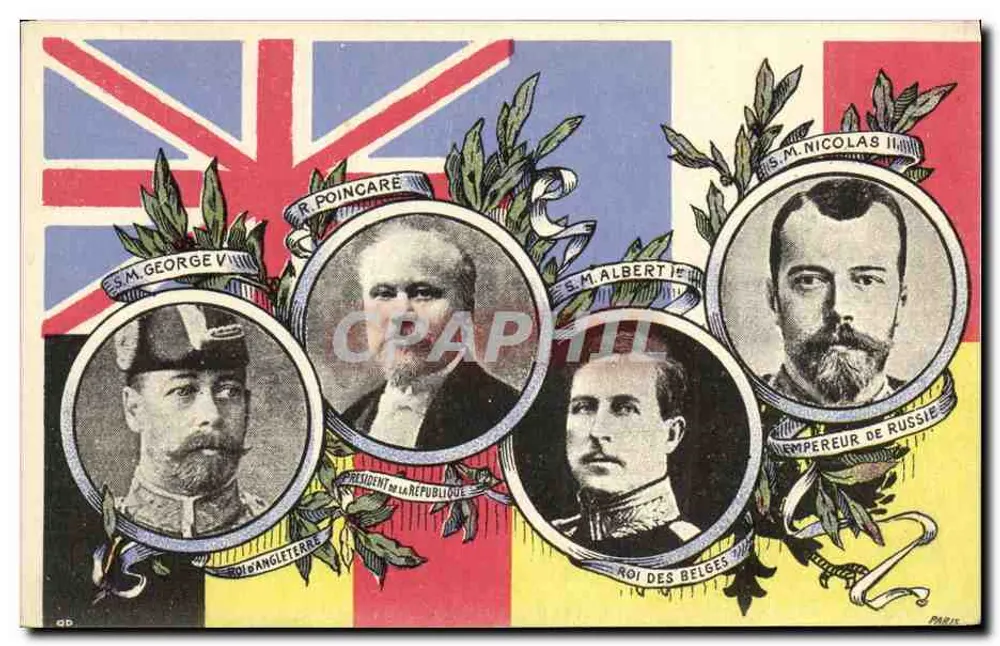 Porträt der Monarchen und des Präsidenten — S.M. George V, R. Poincaré, S.M. Albert I, S.M. Nicolas II — Verlag Paris - Vorderseite