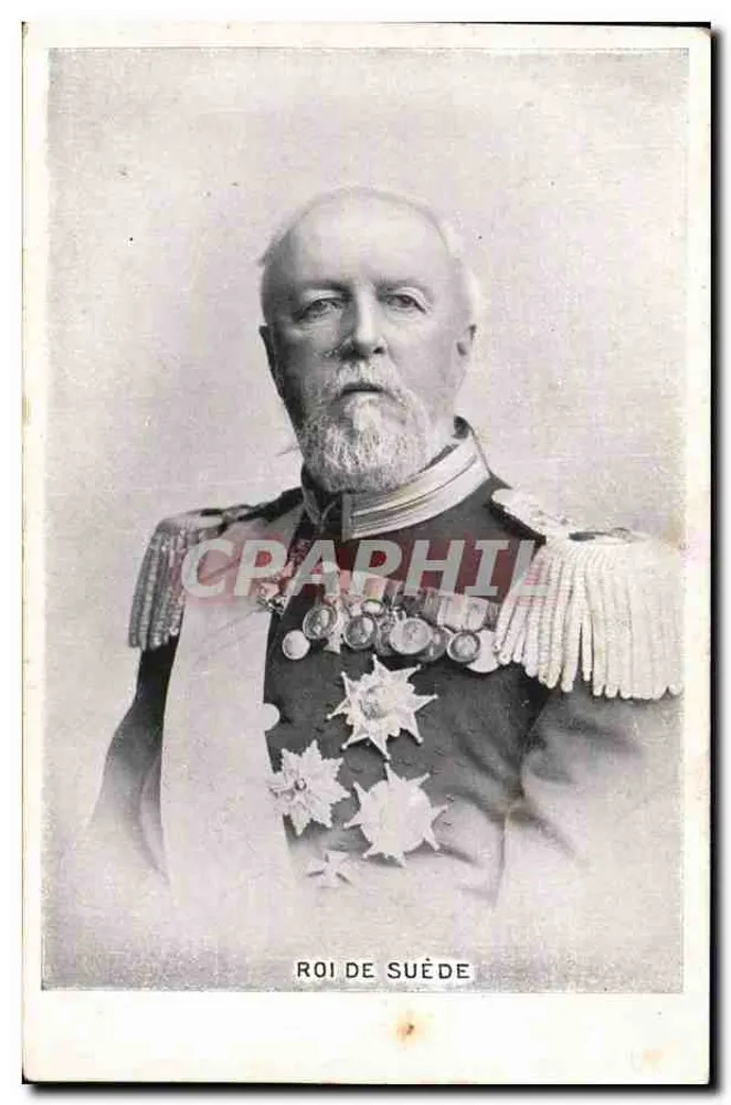 Rei da Suécia — retrato em uniforme militar ornado de decorações — editor não identificado - Frente