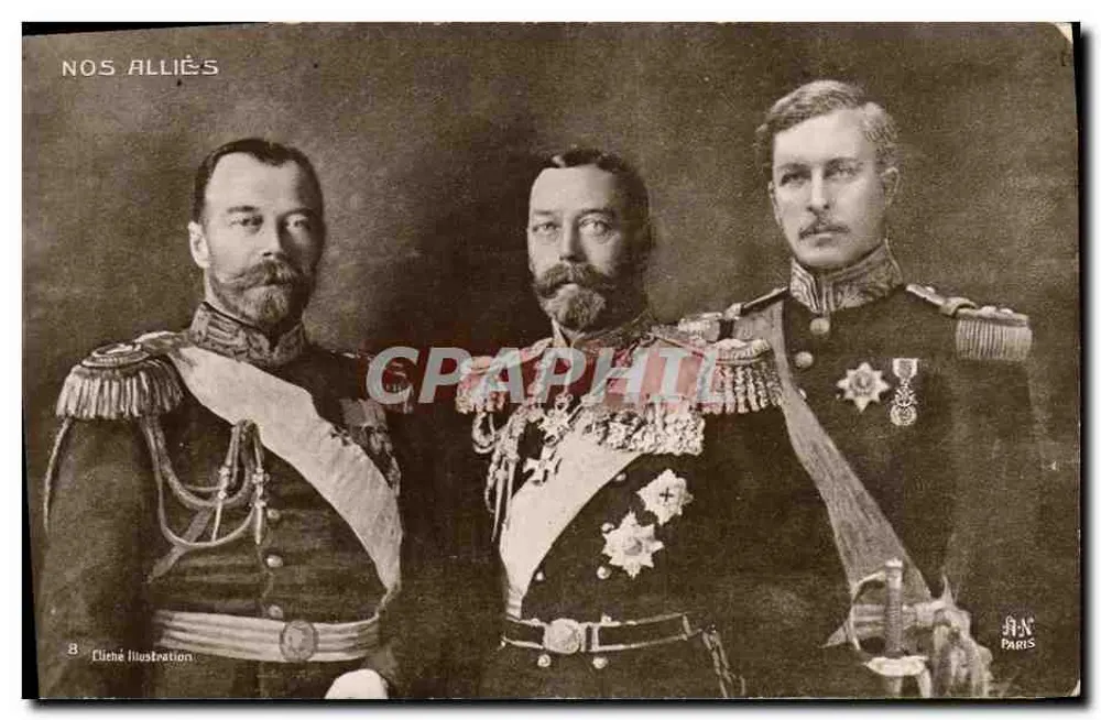 Unsere Verbündeten — Porträt dreier Herrscher in Uniform — Verlag Cliené Illustration, Paris, N°8 - Vorderseite