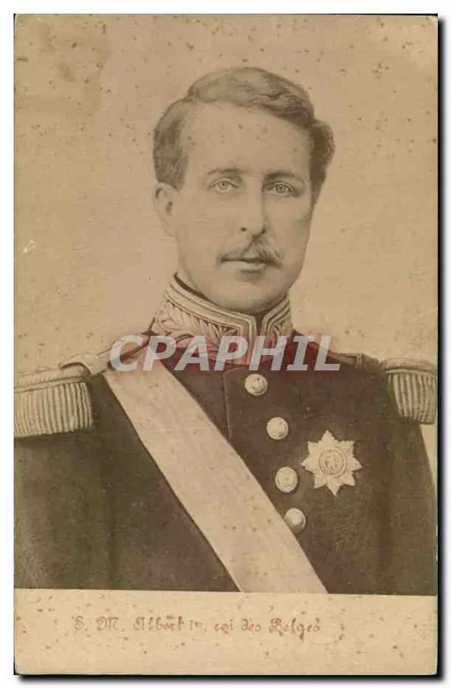 S.M. Albert Ier, roi des Belges — portrait en uniforme militaire avec épaulettes et ordre — éditeur non visible - Frente