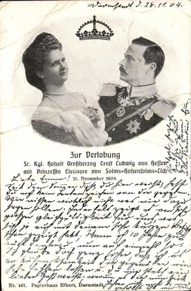 Princesa Eleonore von Solms-Hohensolms-Lich — Príncipe Ernst Ludwig von Hessen — no seu casamento — Papierhaus Elbert, Darmstadt, n°467 - Frente