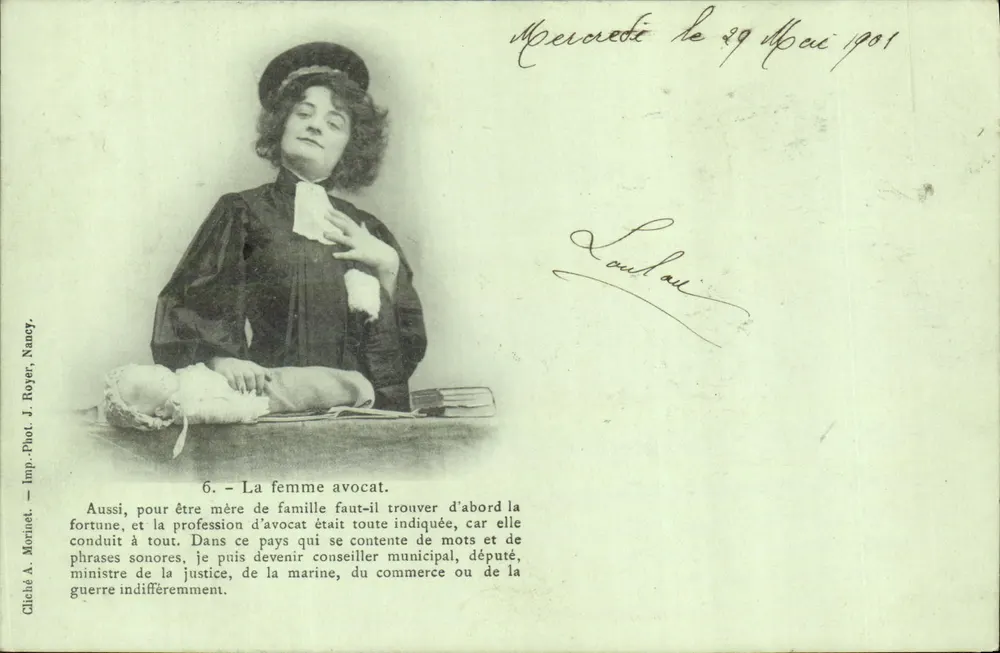 A mulher advogada — série 6 — Cliché A. Moriniet, Imp.-Phot. J. Royer, Nancy - Frente