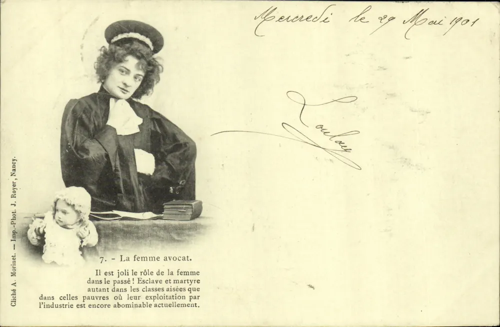La mujer abogada — Tema feminista — Cliché A. Morinet, Nancy, n°7 - Anverso