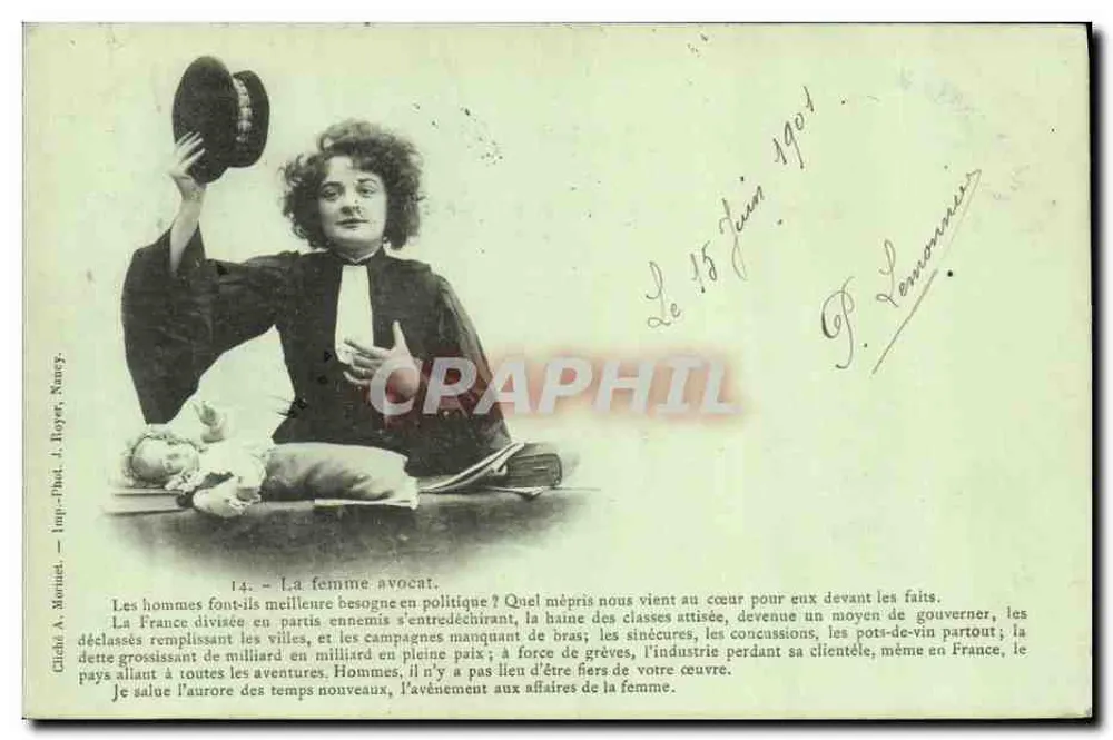 A advogada — caricatura política — Cliché A. Bonniet, Imp. Phot. J. Royer, Nancy, n°14 - Frente