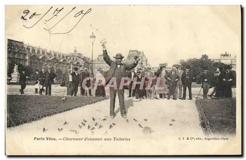 Paris Vécu — Charmeur d'oiseaux aux Tuileries — L. J. & Cie, édit., Angoulême-Paris - Frente