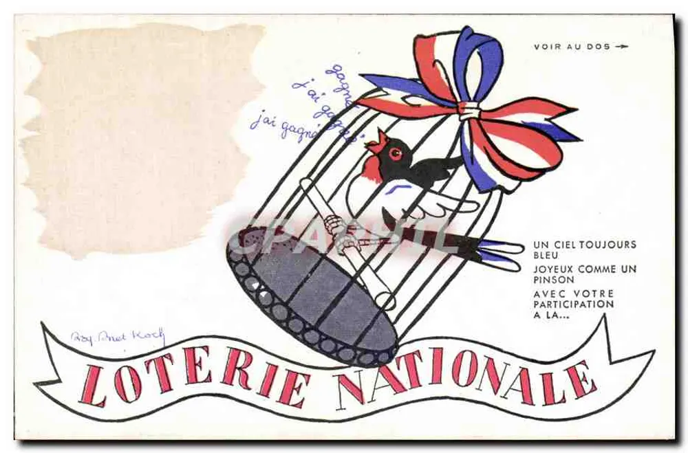 Loterie Nationale — Vogel in Käfig mit dreifarbiger Schleife — Verlag: A. Anet Koch - Vorderseite