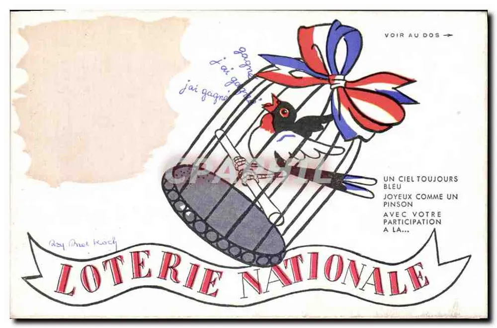National-Lotterie — Vogel in einer Kiste mit einem farbigen Band — Zeichnung von Roy Buet Koch - Vorderseite
