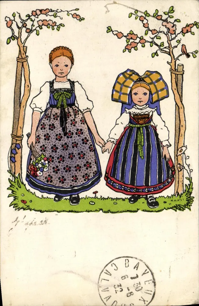 Deux jeunes filles en costumes traditionnels — scène de campagne — éditeur Hansi - Vorderseite