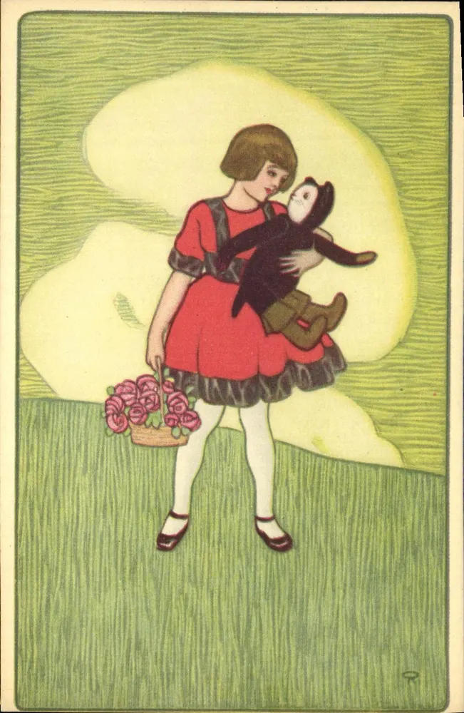Mädchen mit einem Rosenkorb und einem Spielzeug — Illustration — unbekannter Verlag, Serie N°4389 - Vorderseite