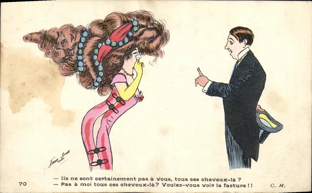 Mulher com cabelos exageradamente volumosos — caricatura humorística — C. M. (editor) n°70 - Frente