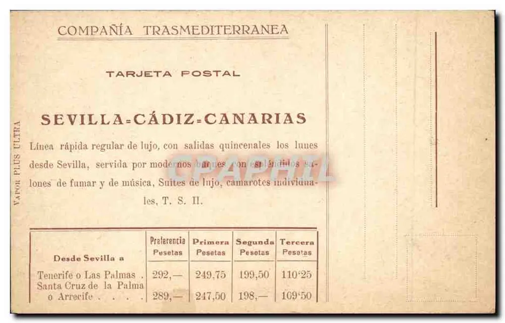 Dampfer Plus Ultra — Compagnie Trasmediterránea — Sevilla-Cádiz-Canarischen Inseln - Rückseite