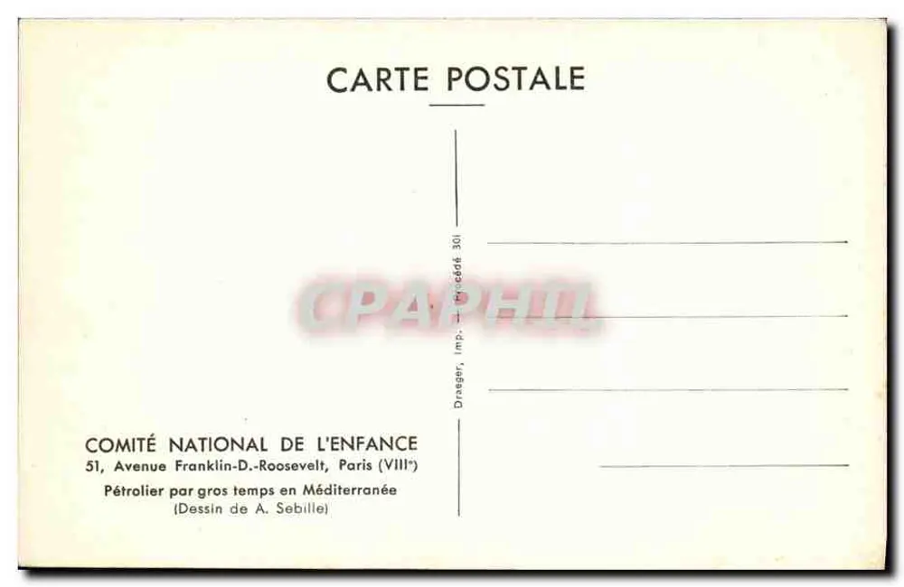 Navio petroleiro em condições difíceis no Mediterrâneo — Desenho de A. Sebille — Comité National de l'Enfance, Paris - Verso