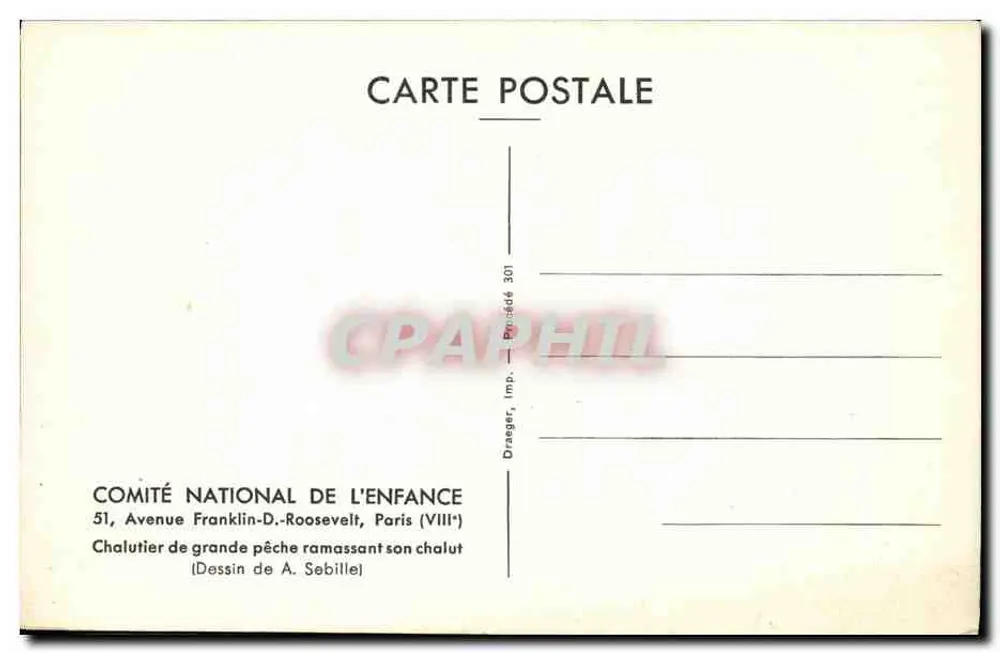Großes Fischereiboot, das seine Netze einholt — Zeichnung von A. Sebille — COMITÉ NATIONAL DE L'ENFANCE - Rückseite
