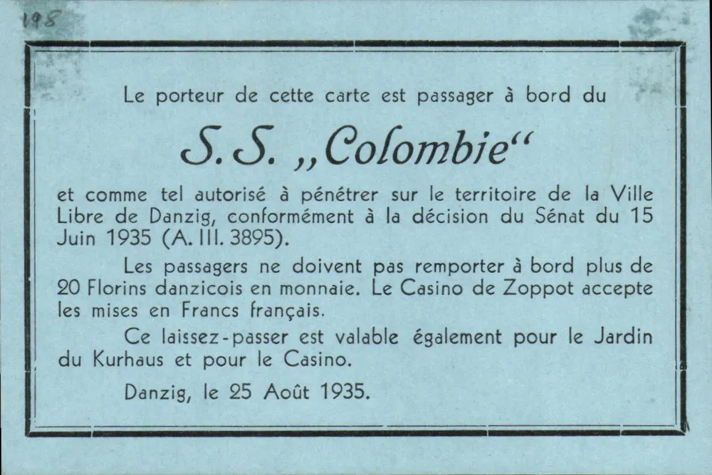 S.S. „Colombie“ — passaporte para Danzig — Worms & Cie - Frente