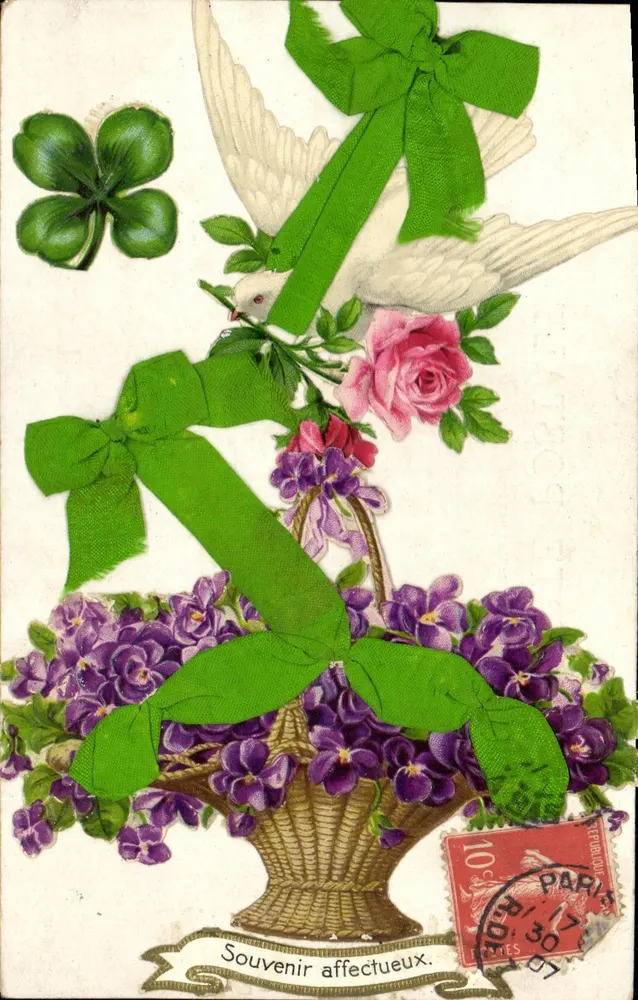 Buquê de violetas e pomba — Lembrança afetuosa — Paris, 1907 - Frente