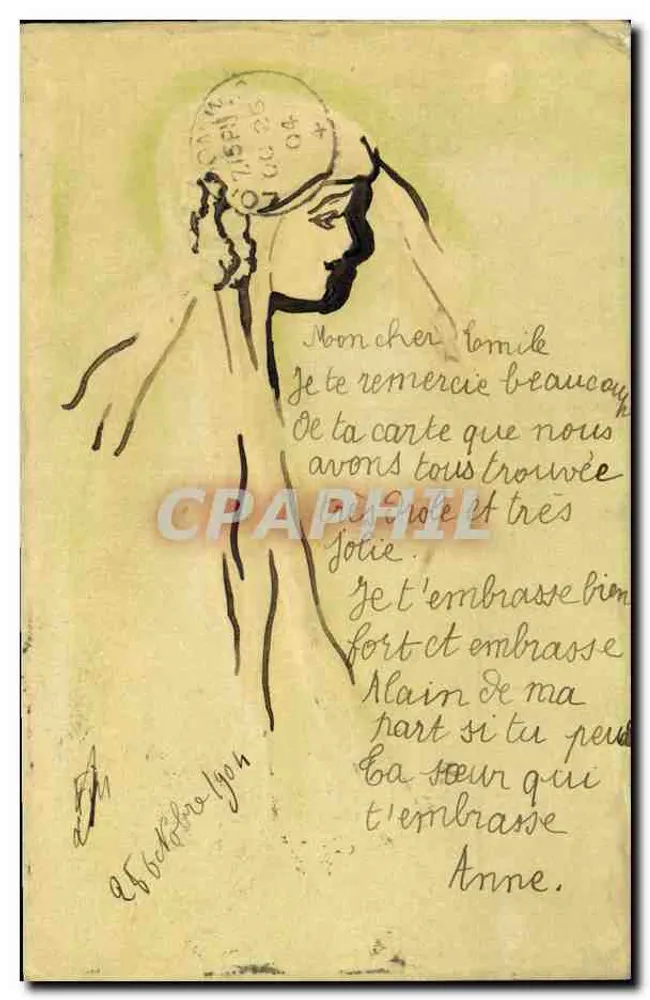 Femme en profil — dessin au trait — éditeur 'Postkarte — Carte postale' (verso) et n° BRW 417 - Vorderseite