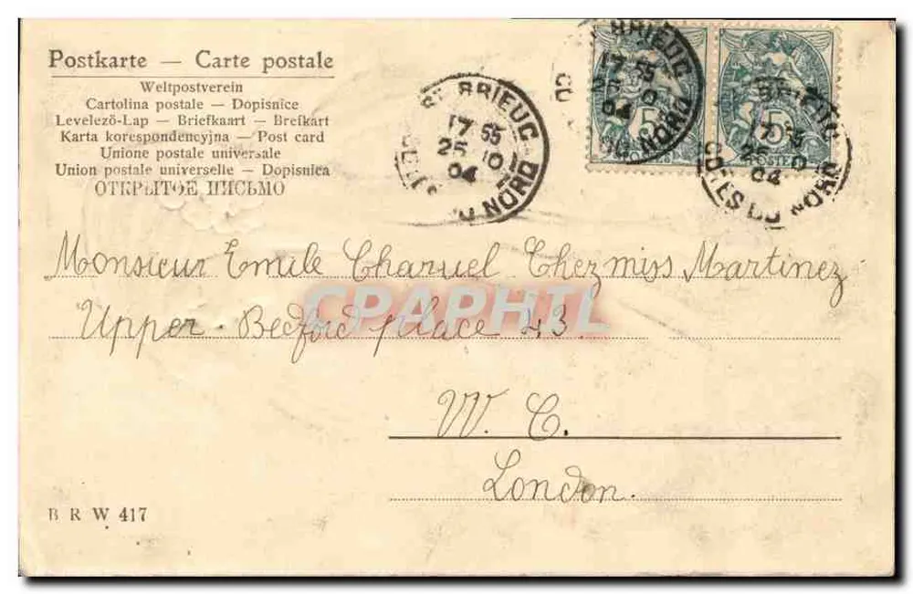 Femme en profil — dessin au trait — éditeur 'Postkarte — Carte postale' (verso) et n° BRW 417 - Rückseite