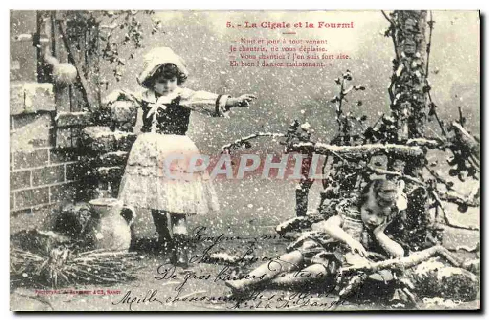 Die Heuschrecke und die Ameise — Winter-Szene mit zwei Kindern — Phototypie A. Béchard & Cie, Rangé - Vorderseite