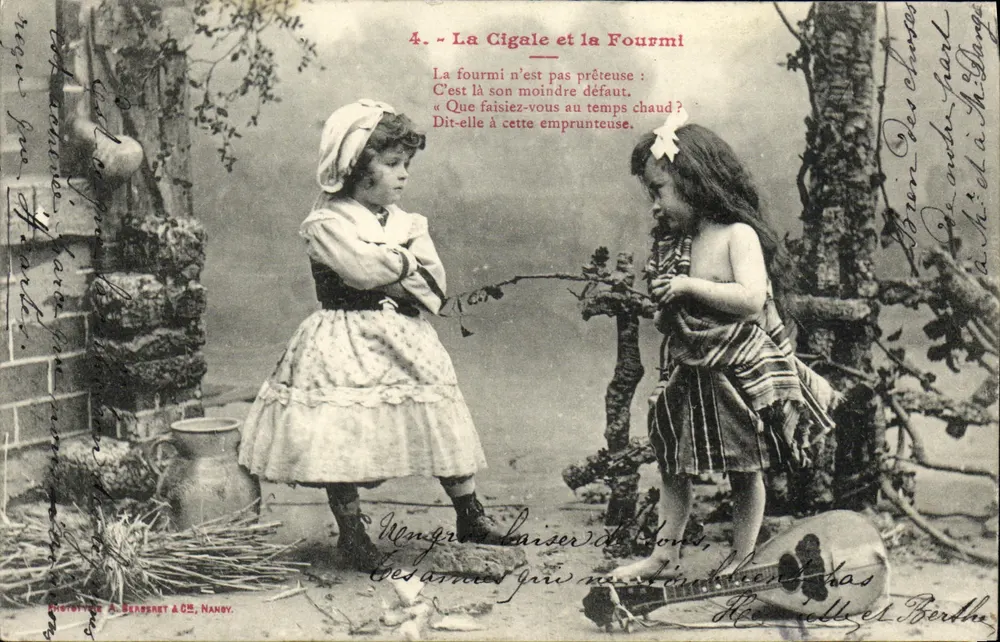 Die Heuschrecke und die Ameise — Fabel von La Fontaine — veröffentlicht von ROBERTOTTE A. BERGERET & CIE, NANCY - Vorderseite