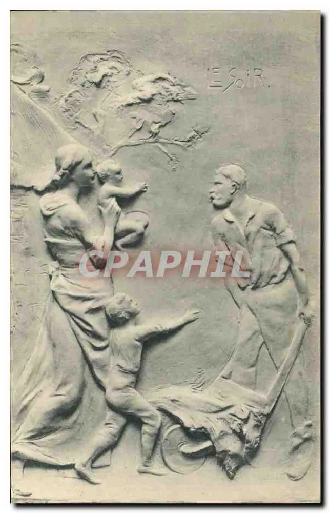 Familie und Arbeiter — Relief-Statue — Verlag Tuck & Sons, Serie 979 - Vorderseite
