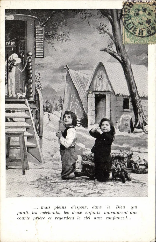 Dos niños rezando en la nieve — ilustración religiosa — editor no visible - Anverso