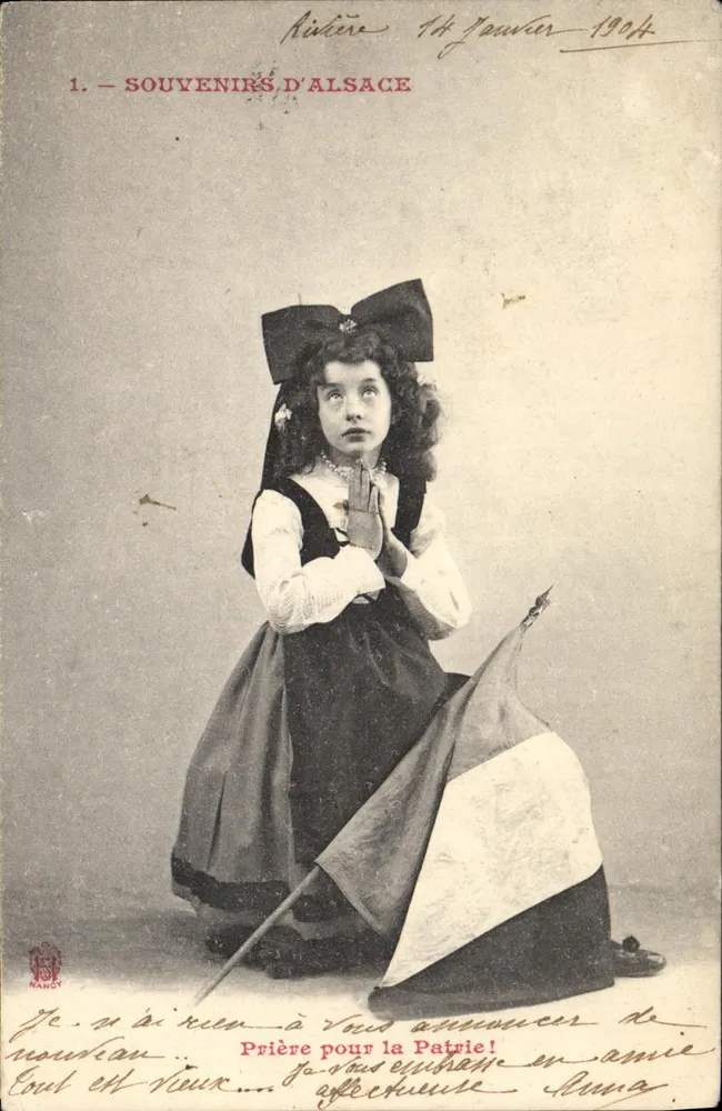 Fille en tenue d'Alsacienne — Souvenirs d'Alsace — éditeur Maucy, n°1 - Recto