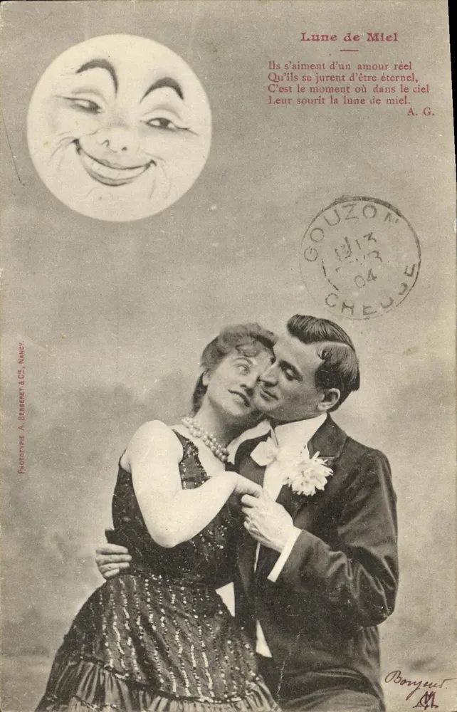 Hochzeit — Liebespaar unter einer lächelnden Mond — Phototype A. Berberet & Cie, Nancy - Vorderseite