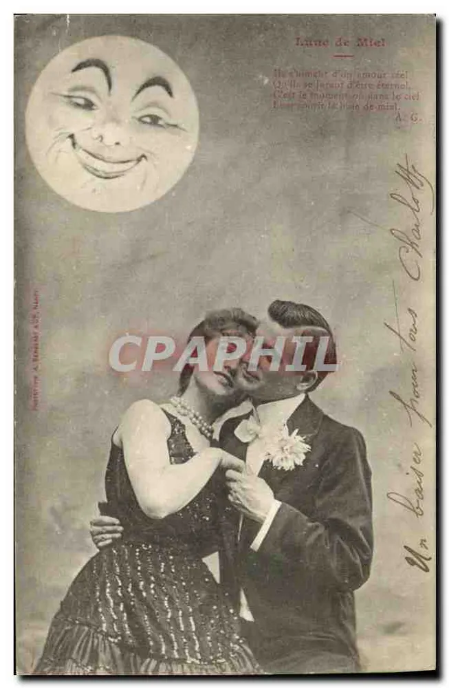 Hochzeitstag — ein Paar im Arm unter einer lächelnden Mond — Verlag: Druckerei A. Béchard & Cie, Nancy - Vorderseite