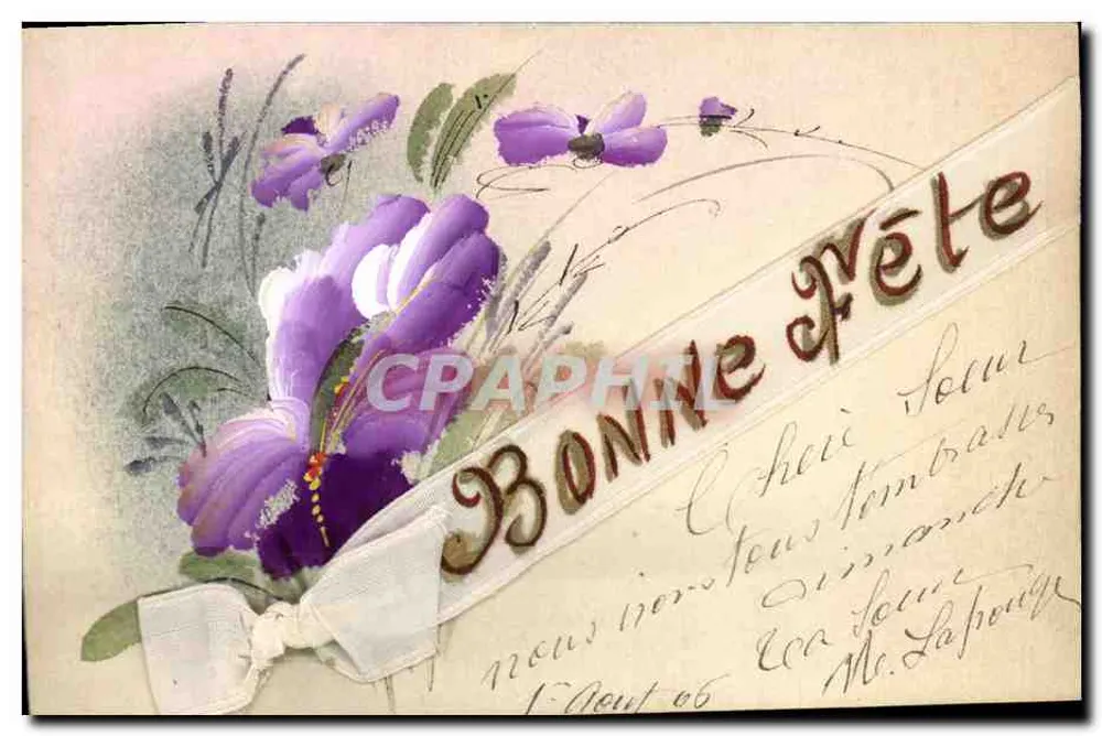 Violette Blumen — Frohe Geburtstagskarte — Französische Ansichtskarte - Vorderseite