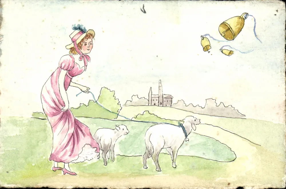 Frau in einem rosa Kleid, die Schafe führt — mit fliegenden Glocken — Verlag J. NICOLAS AINÉ, LYON, Mod. F. - Vorderseite