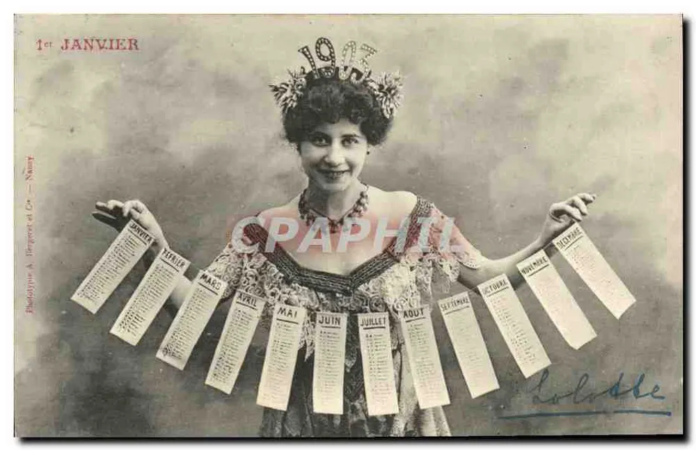Frau in einer Krone von 1913, die die zwölf Monate hält — Phototype A. Bergeret et Cie, Nancy - Vorderseite