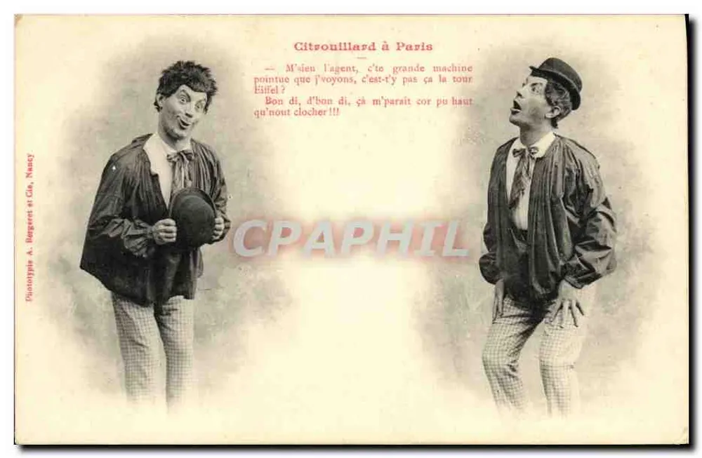 Zitronenstand in Paris — Zwei komische Männer vor der Eiffelturm — Phototypie A. Bergeret et Cie, Nancy - Vorderseite
