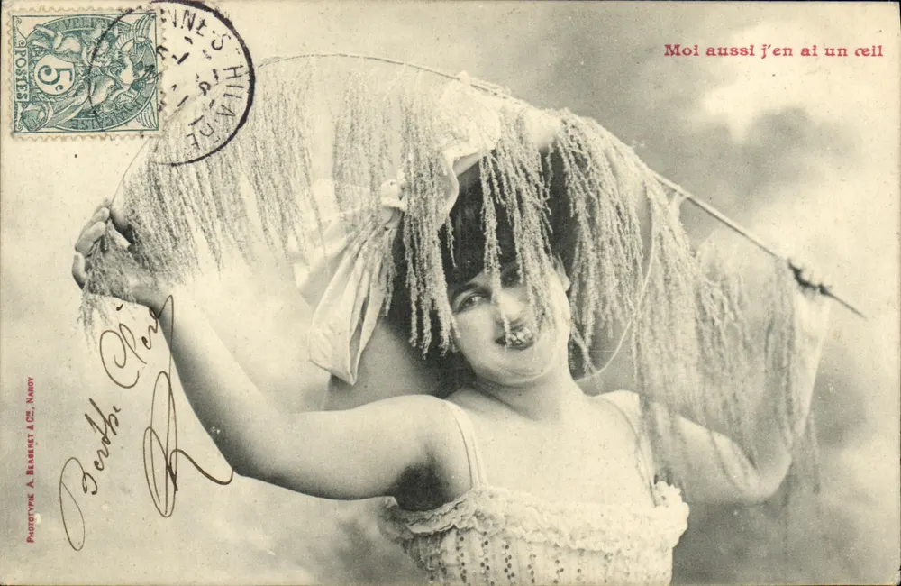 Frau mit Schleier — humorvoller Text — Phototypie A. Blameret & Cie, Kanoy - Vorderseite