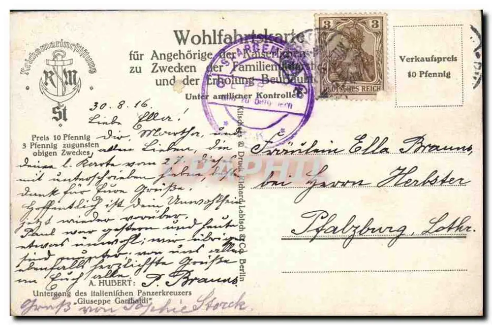 Submarino italiano — naufrágio — editor A. HUBERT & Cie, Berlim - Verso