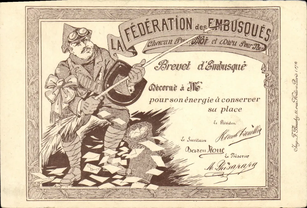 La Fédération des Embusqués — Brevet d'Embusqué décerné à M. pour son énergie à conserver sa place — éditeur F. Rouxby, 11 rue Halley, à Paris (179) - Vorderseite