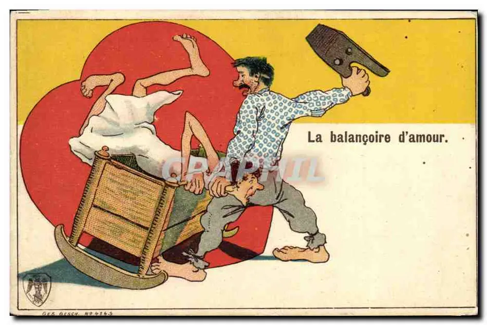 A balançoira do amor — caricatura de um homem batendo em uma mulher em uma cadeira balançante — Ges Desch, n°4145 - Frente