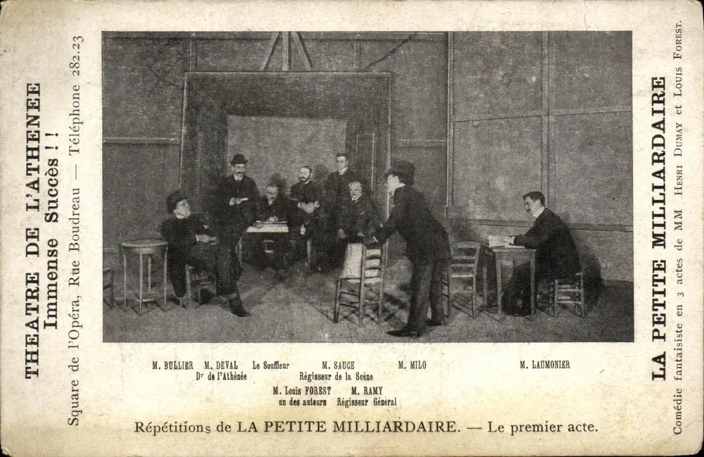 Proben von LA PETITE MILLIARDIAIRE — Théâtre de l'Athénée — M. Bullier, M. Deval, M. Sauce, M. Milo, M. Louis Forest, M. Ramy, M. Laumonier - Vorderseite