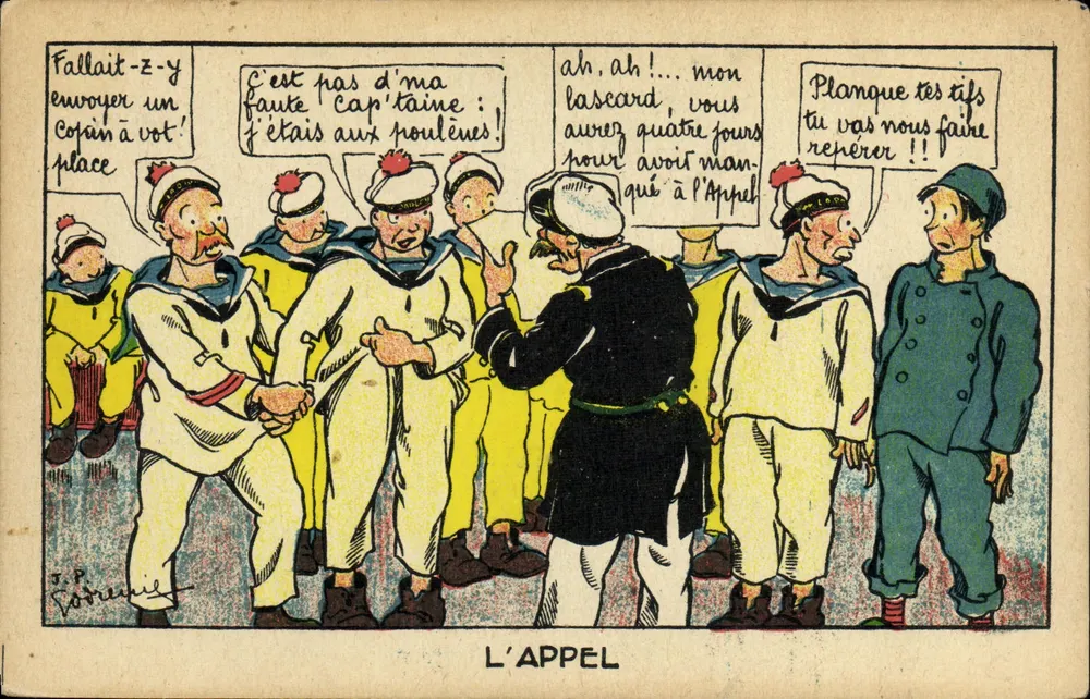 L'Appel — caricature de marins et d'un officier — J.P. Pottier - Recto