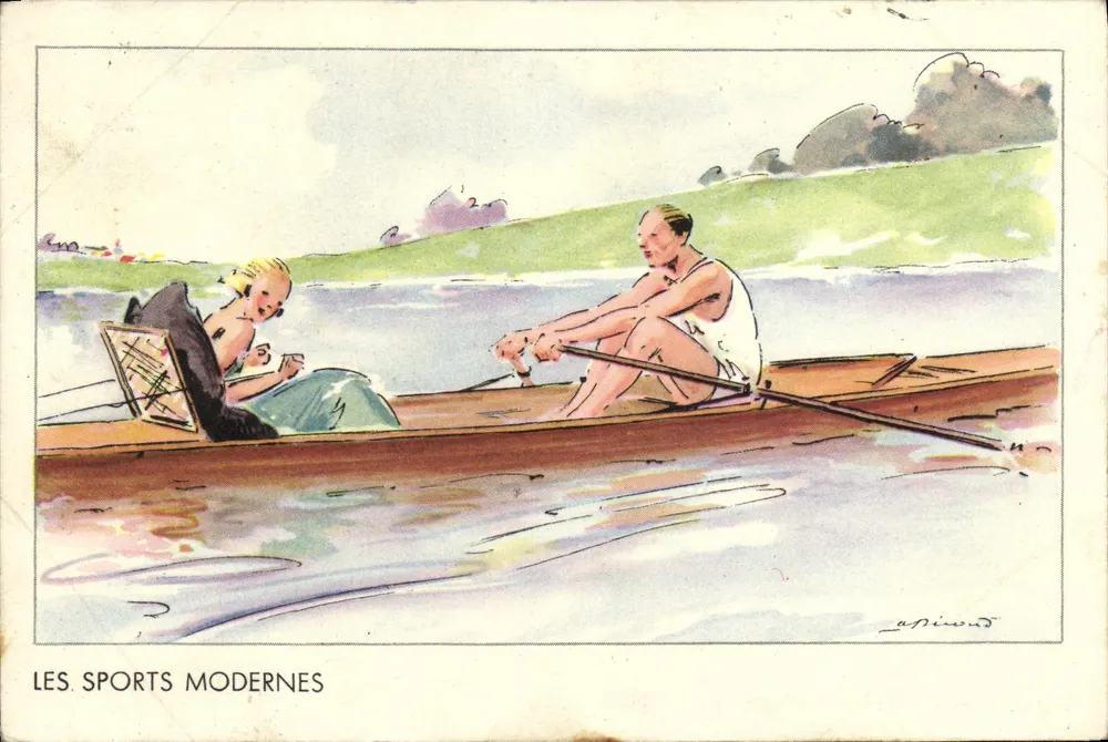 Rameur et passagère dans un canot — Les Sports Modernes — éditeur Lapinoud - Frente