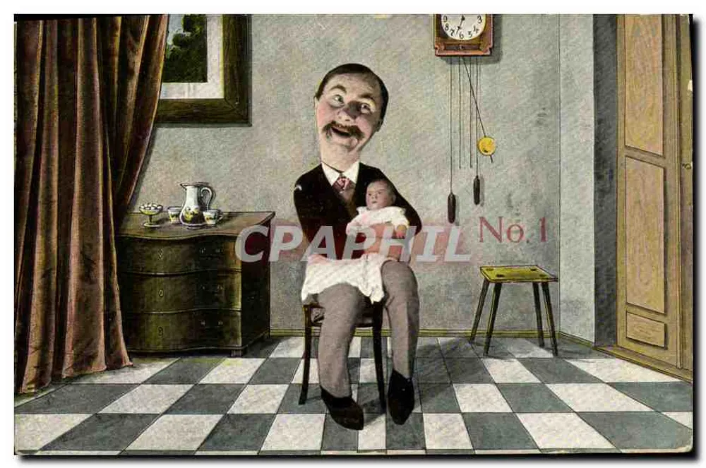 Pai segurando seu filho — caricatura — K.F. Editores, Paris, série 888, n°1 - Frente