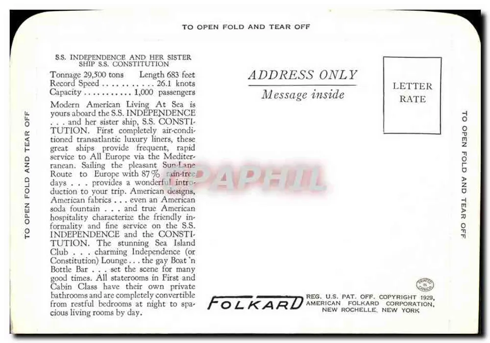 S.S. INDEPENDENCE — American Export Lines — Folcard - Verso