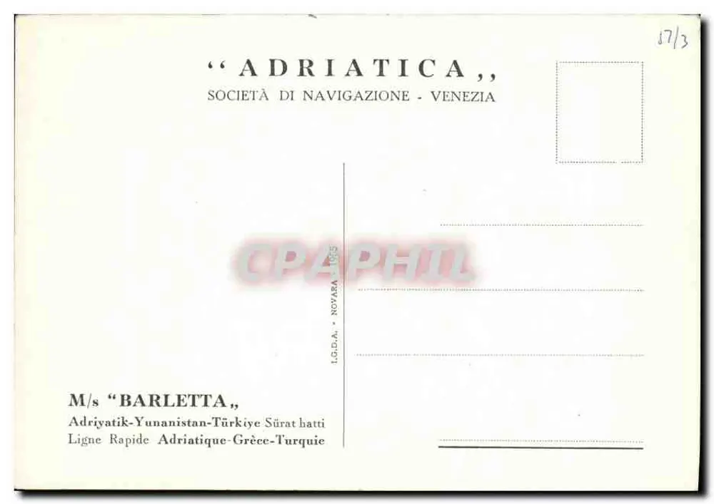 Der Dampfer BARLETTA — maritime Zeichnung — Verlag Adriatica, Venedig - Rückseite