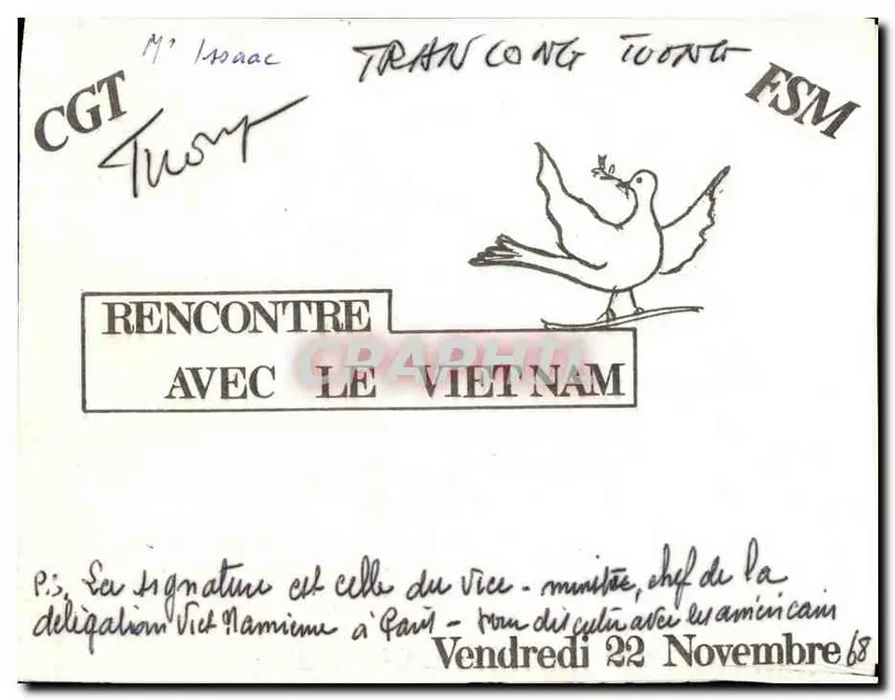 Rencontre avec le Viêt Nam — dessin d'une colombe tenant une branche d'olivier — 36ème Congrès de la C.G.T. - Vorderseite
