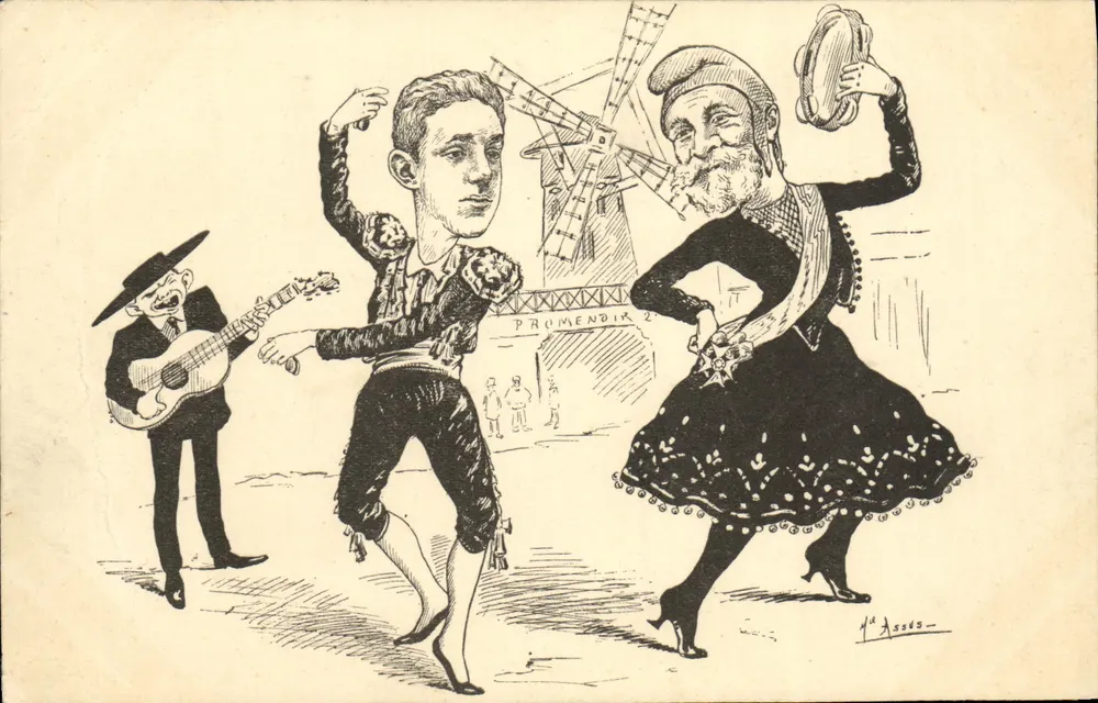 Spanische Tänzer — Flamenco-Szene mit Musiker und Windmühle — Verlag PROMENDIR, Nr. 2 - Vorderseite
