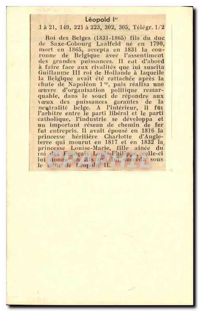 Léopold Ier — Rei dos Belgas (1830-1865) — editor não visível, número de série não legível - Verso
