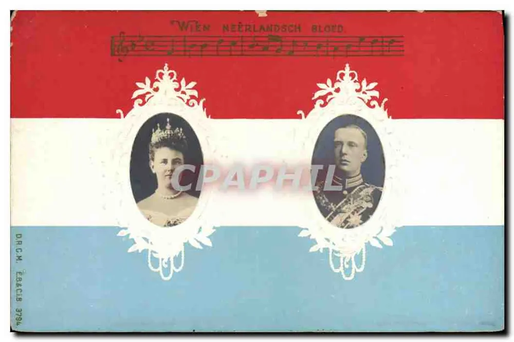 Retrato da rainha Wilhelmina e do rei Willem III — sobre fundo das cores holandesas — editor DR.C.M. n° 3794 - Frente