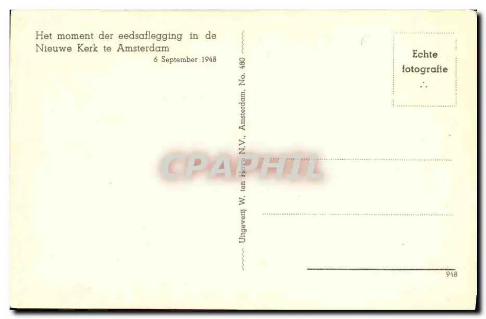 Cerimônia de juramento na Nieuwe Kerk em Amsterdam — 6 de setembro de 1948 — W. ten Brink N.V., Amsterdam - Verso